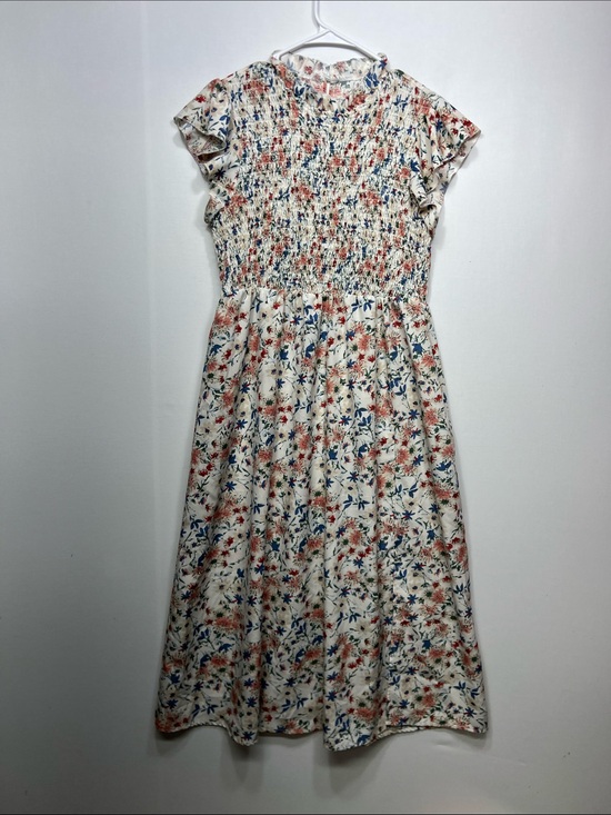 SHEIN Dresses & Skirts - SHEIN Cream Floral Smocked Midi Dress with Pink and Blue Blossoms